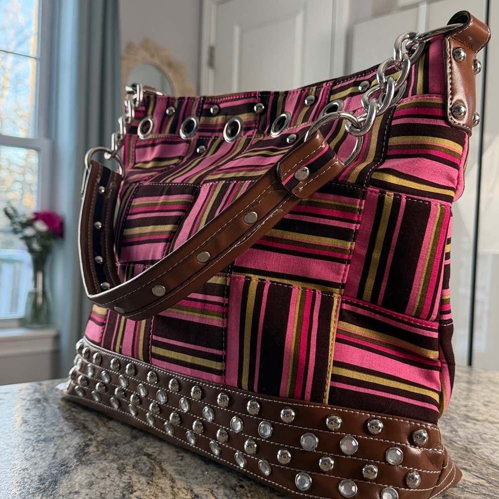 Pink Striped Vegan Leather Studded Bag Rhinestone Glam |Statement Purse Like New - Picture 8 of 17